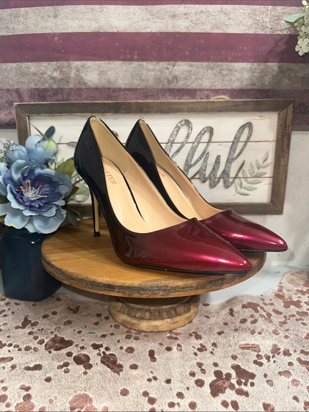 NWOT Coleter Pointed Patent Stiletto Pumps in Burgundy and Black